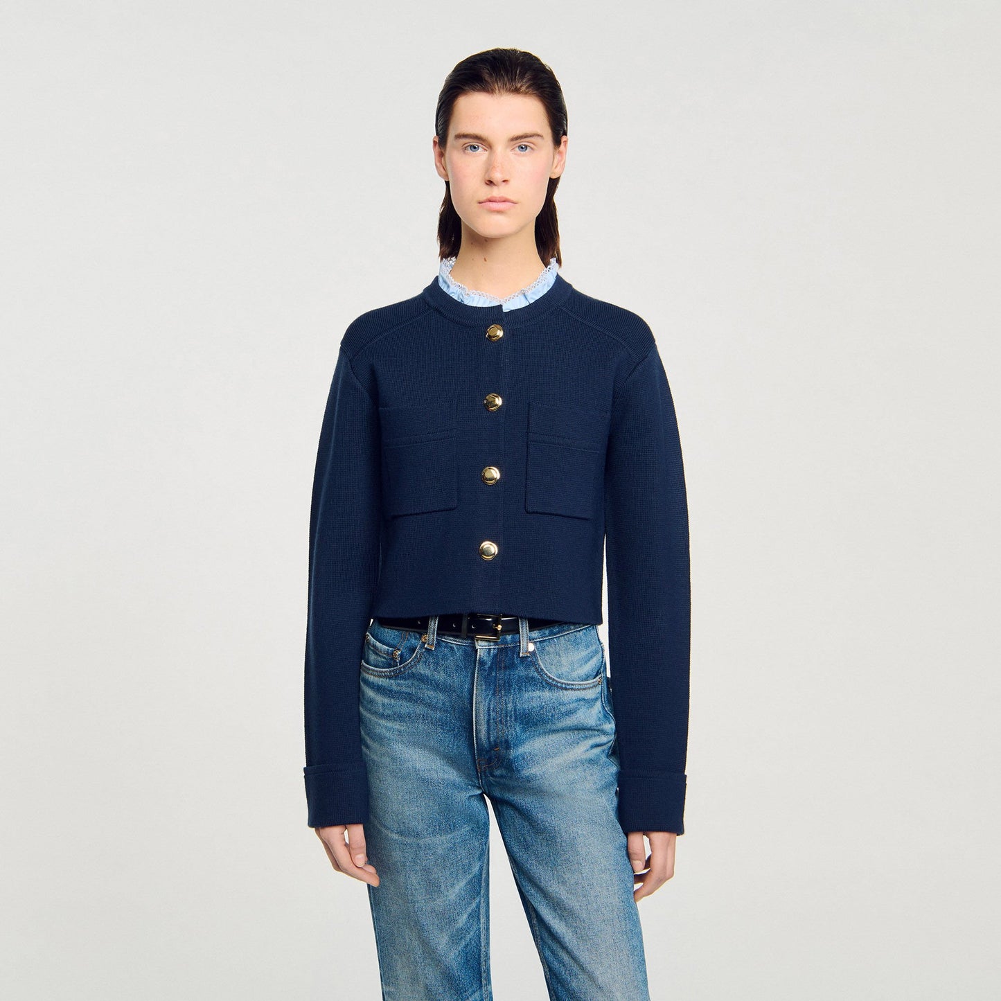 Sandro Cardigan with ruffle collar Navy Blue