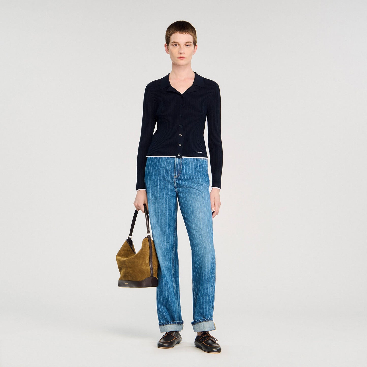 Sandro Cropped polo collar cardigan Navy Blue