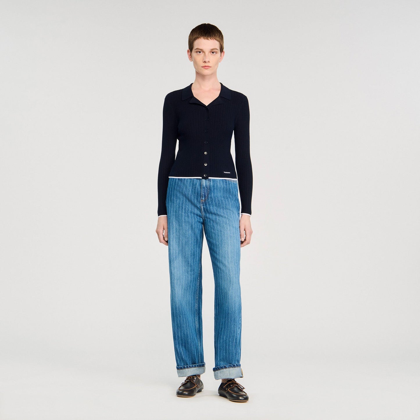 Sandro Cropped polo collar cardigan Navy Blue