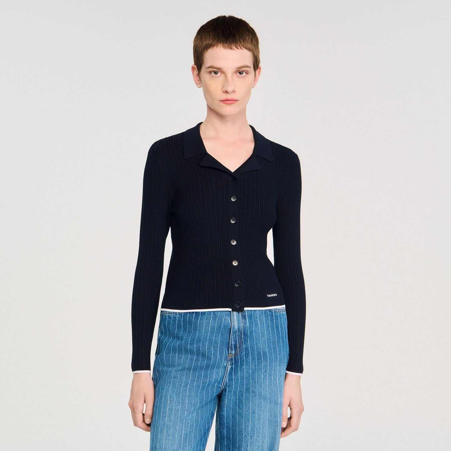 Sandro Cropped polo collar cardigan Navy Blue