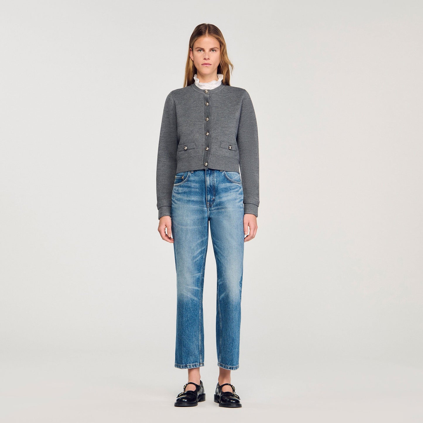 Sandro Cardigan with detachable ruffle collar Grey