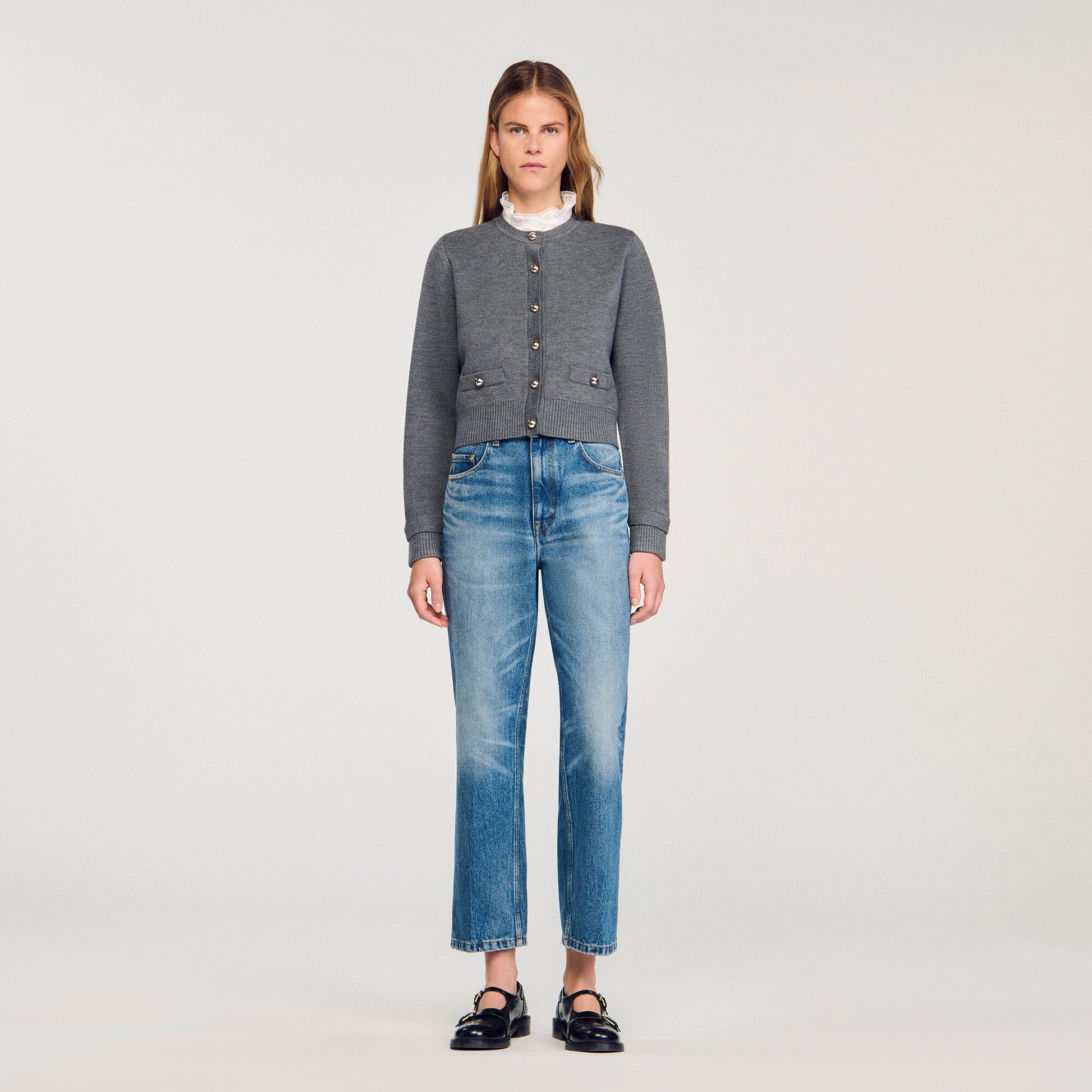 Sandro Cardigan with detachable ruffle collar Grey