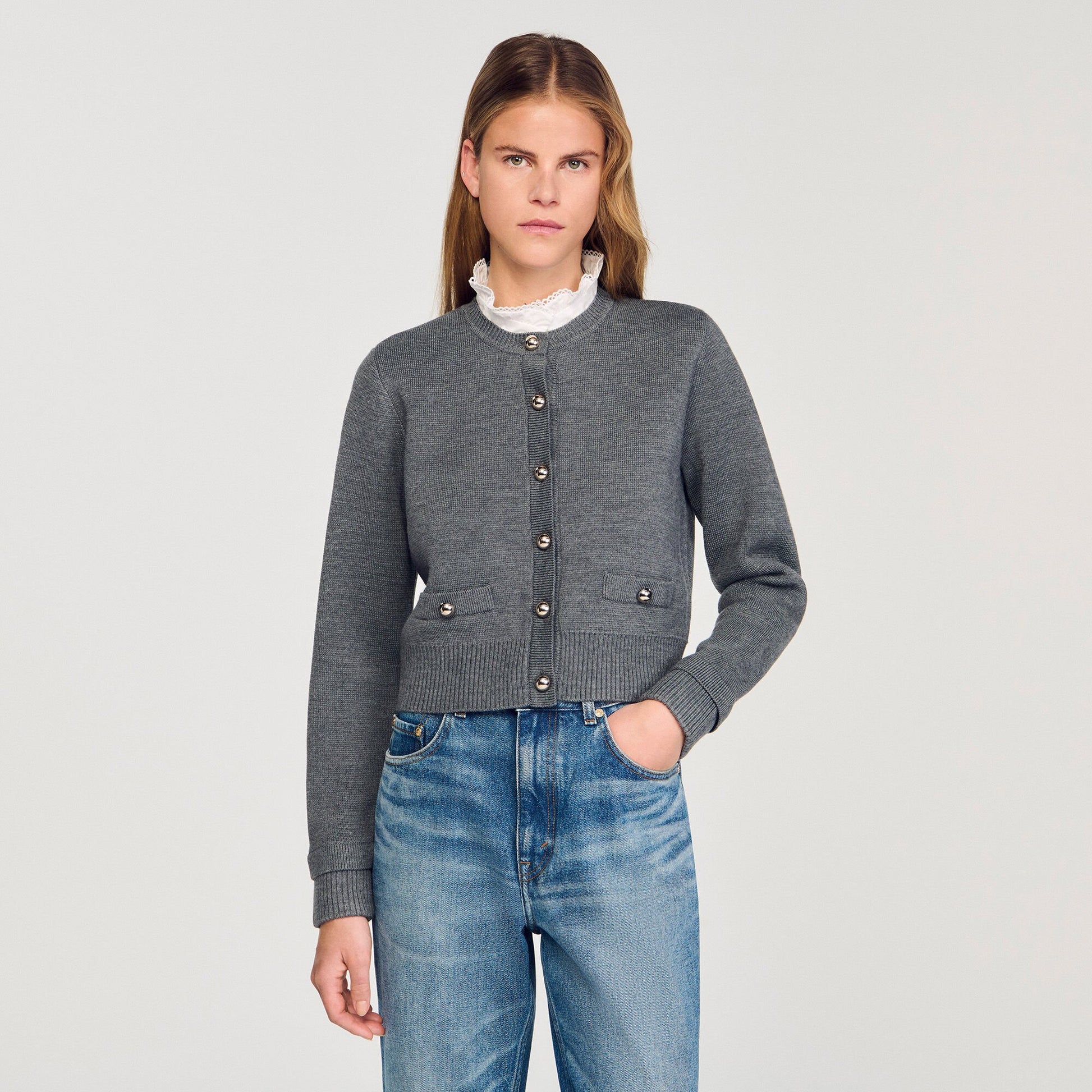 Sandro Cardigan with detachable ruffle collar Grey