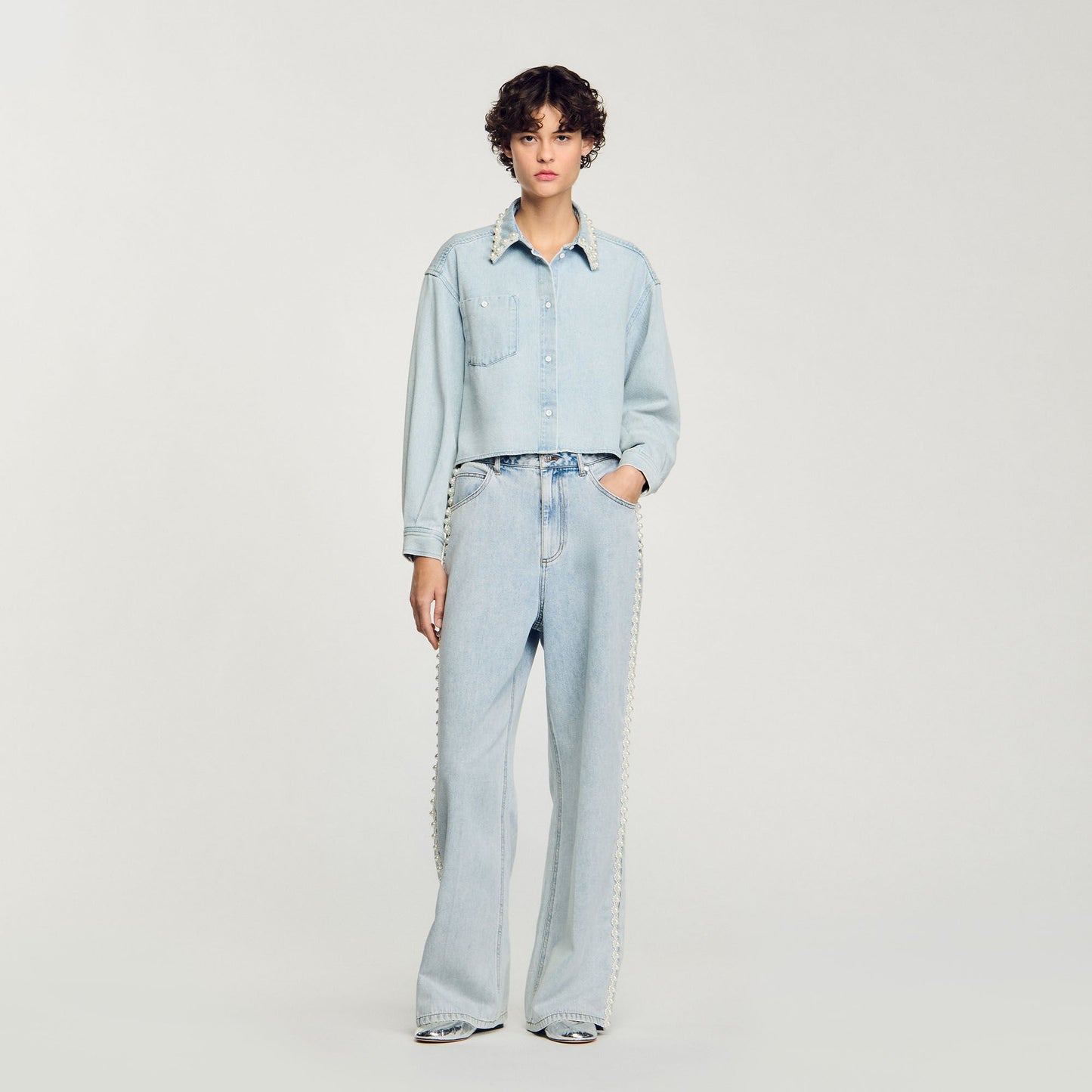 Sandro Denim shirt with beaded collar Light Bu Jean