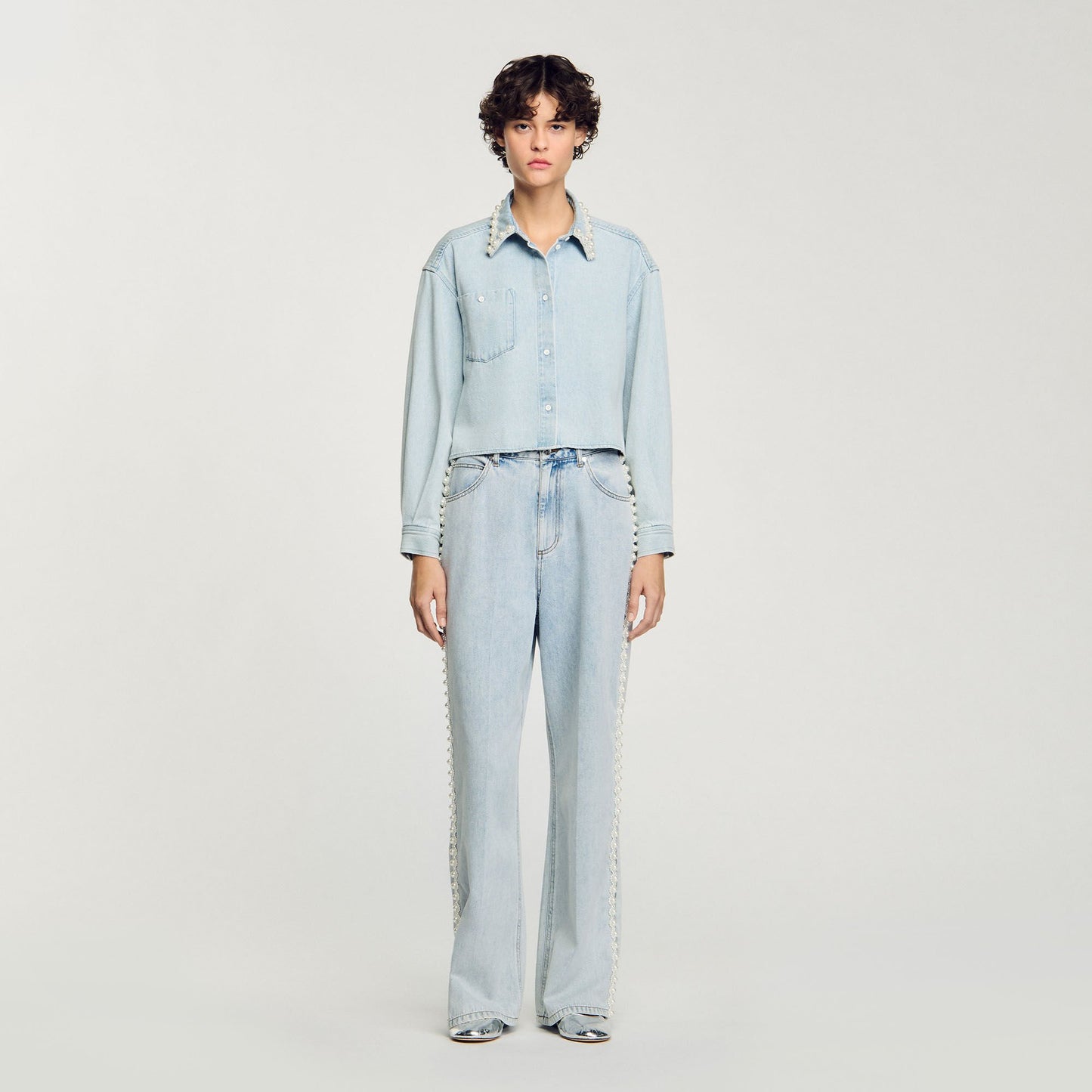 Sandro Denim shirt with beaded collar Light Bu Jean