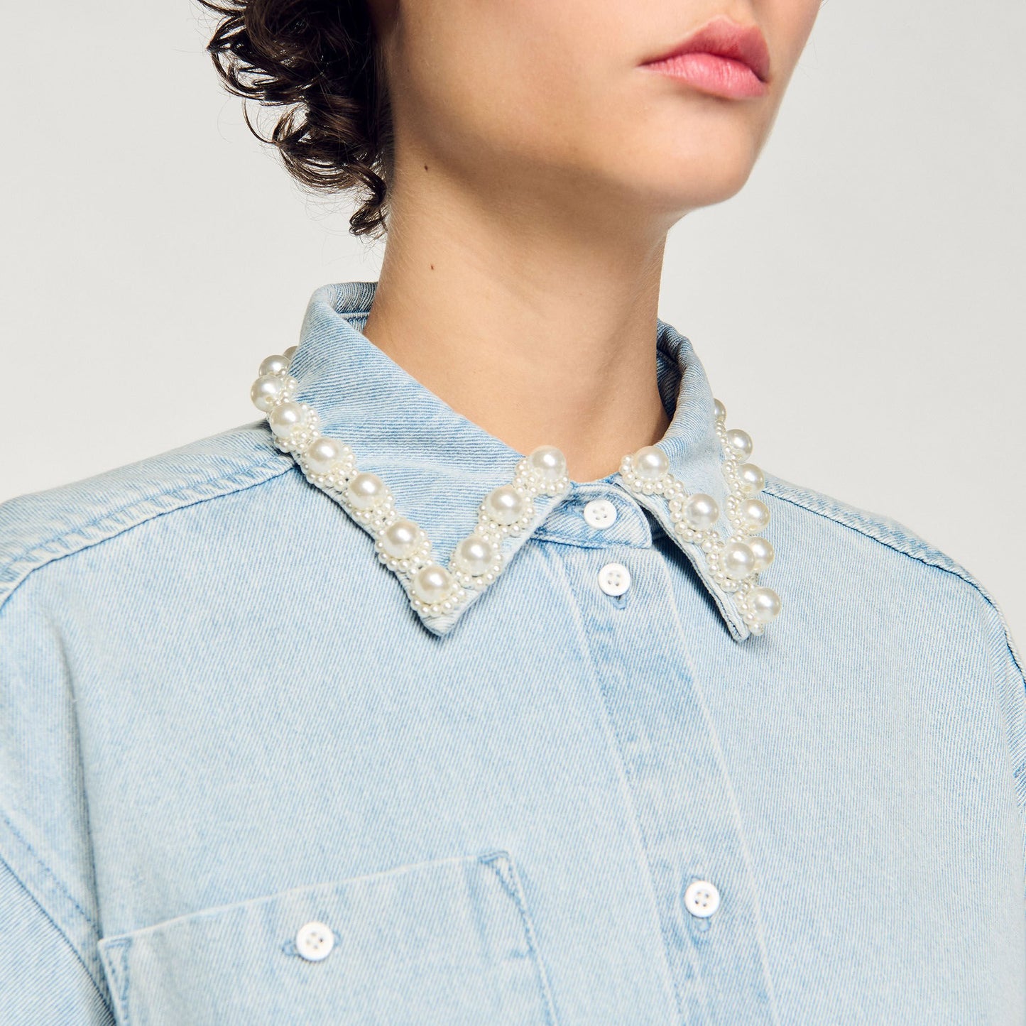 Sandro Denim shirt with beaded collar Light Bu Jean