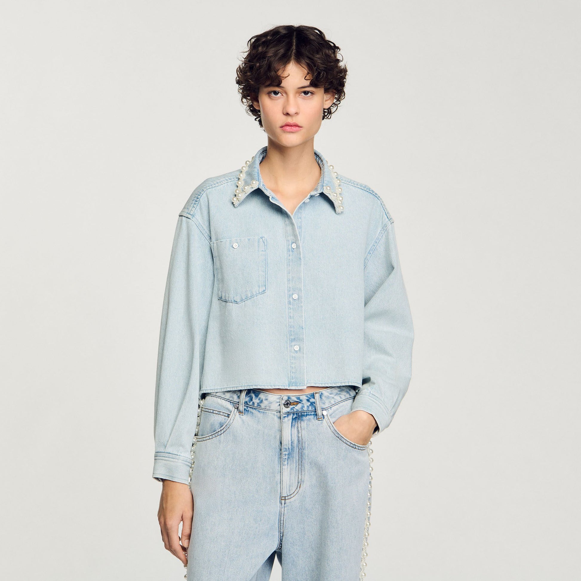 Sandro Denim shirt with beaded collar Light Bu Jean