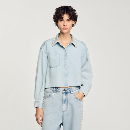 Sandro Denim shirt with beaded collar Light Bu Jean