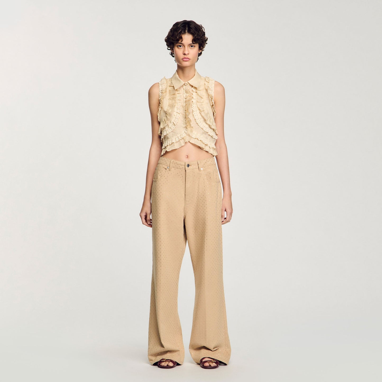 Sandro Ruffled cropped shirt Sand
