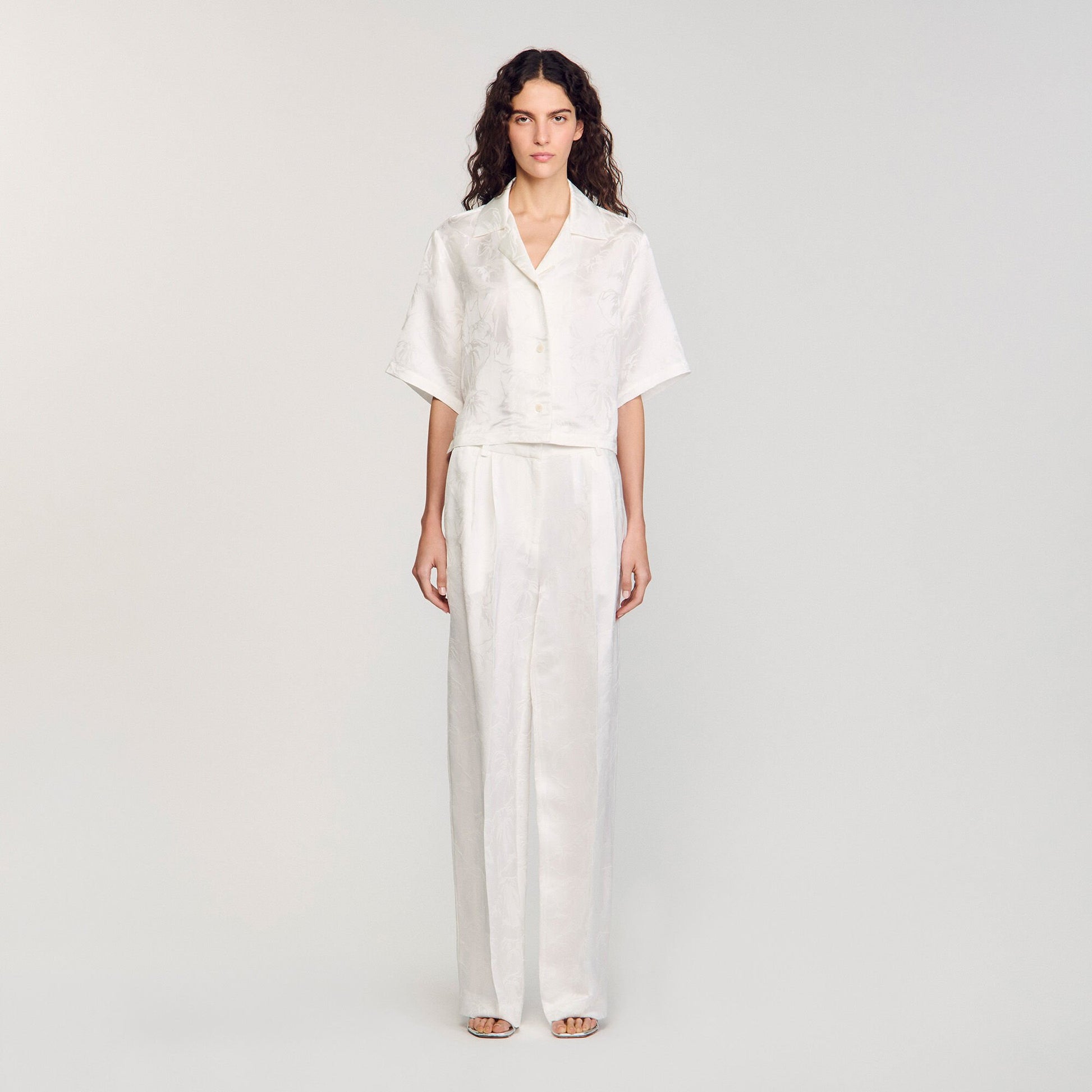 Sandro Cropped shirt with jacquard flowers White