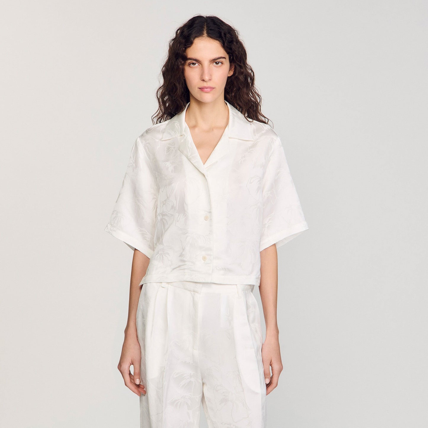 Sandro Cropped shirt with jacquard flowers White