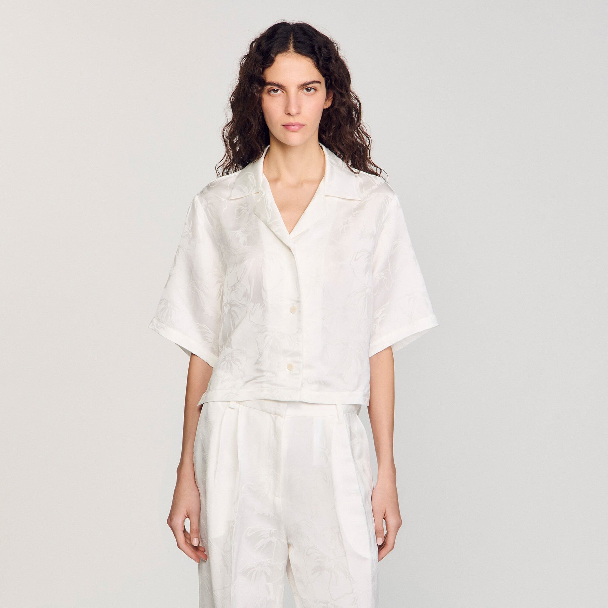Sandro Cropped shirt with jacquard flowers White