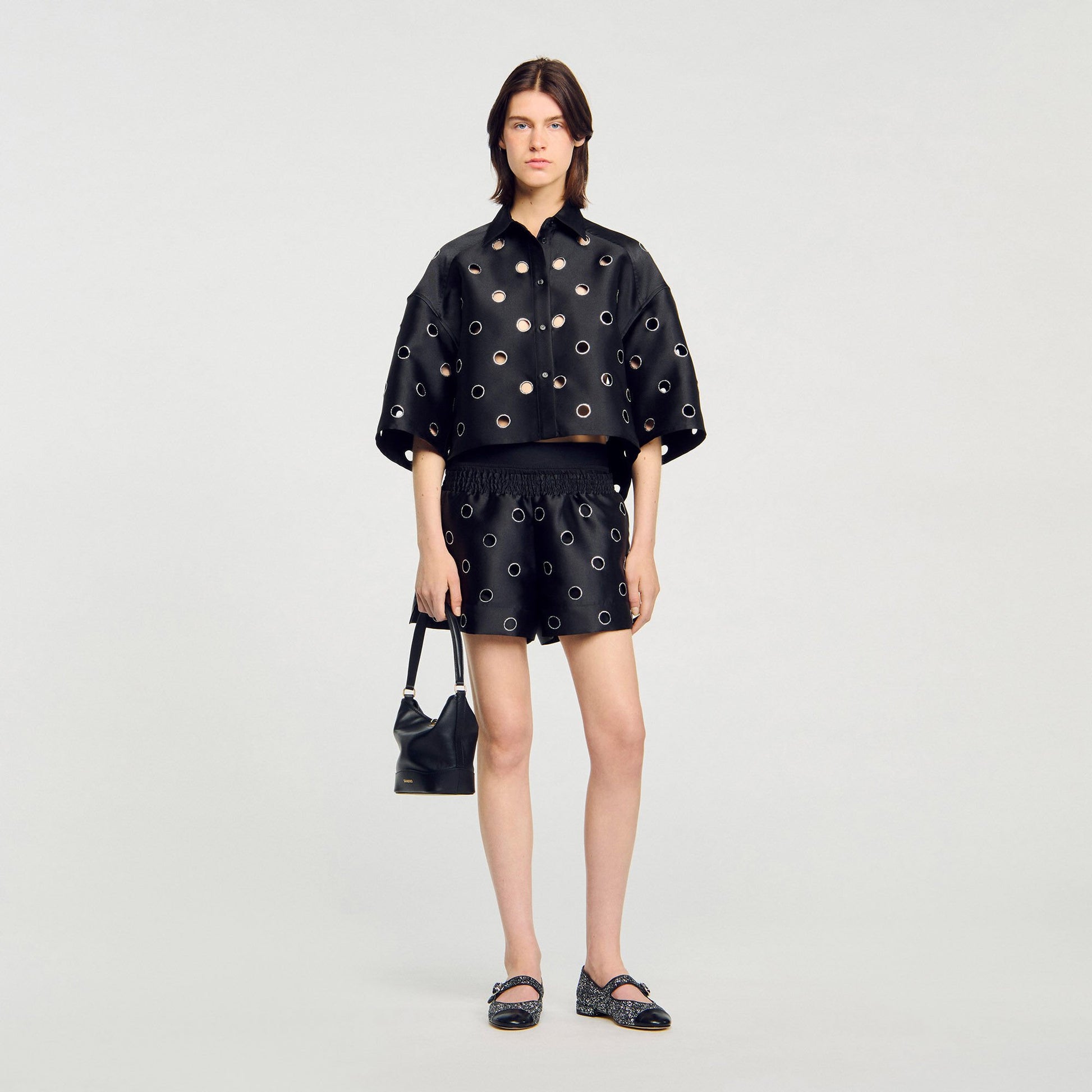 Sandro Oversized shirt with rhinestones holes Black