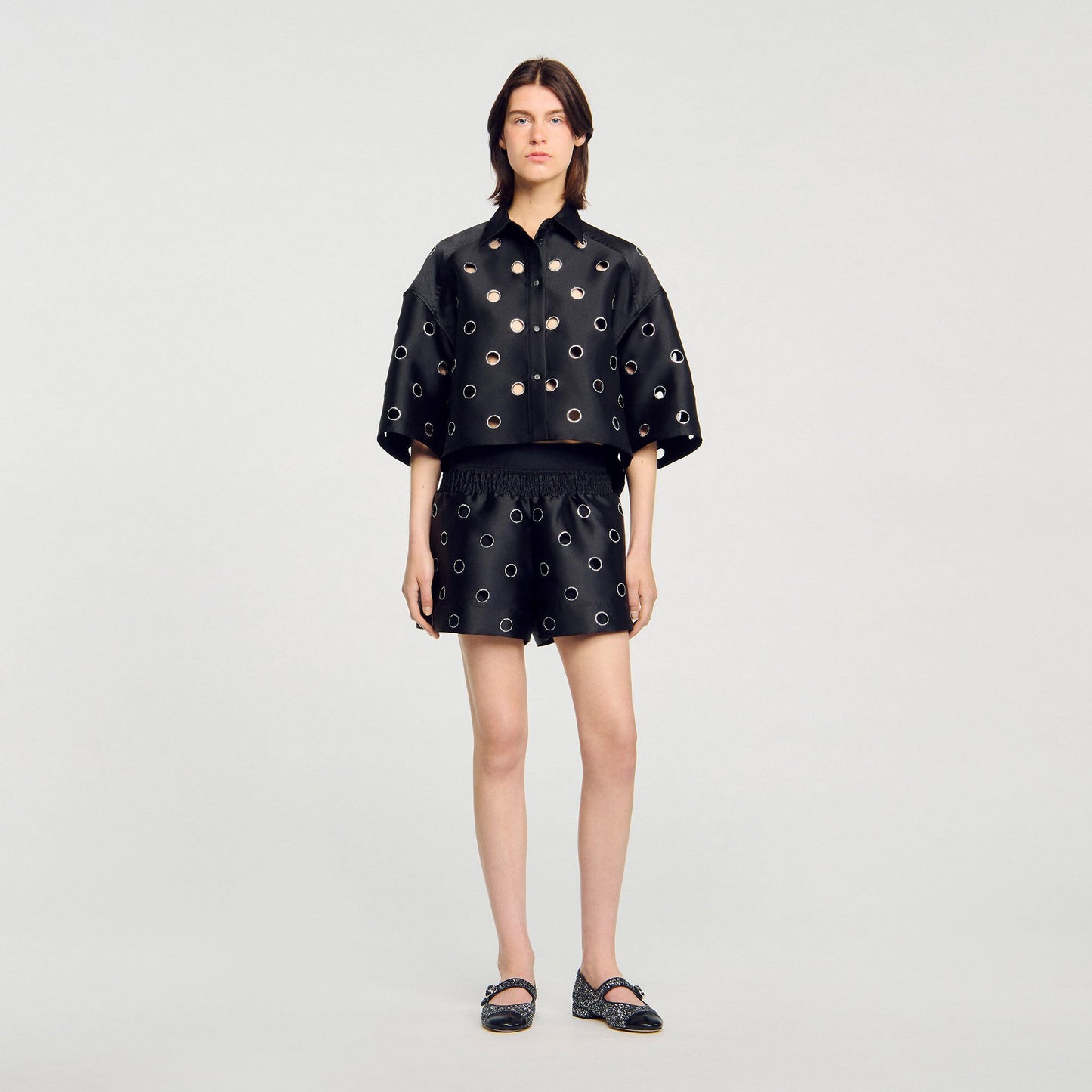 Sandro Oversized shirt with rhinestones holes Black