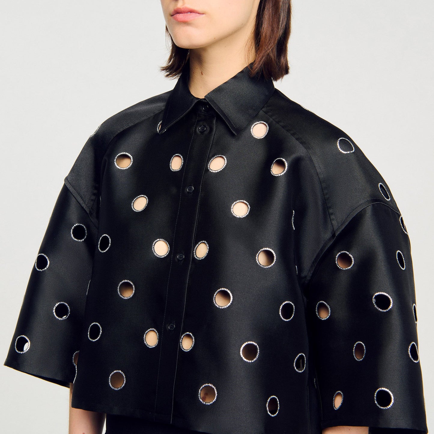 Sandro Oversized shirt with rhinestones holes Black