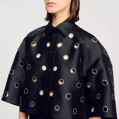 Sandro Oversized shirt with rhinestones holes Black