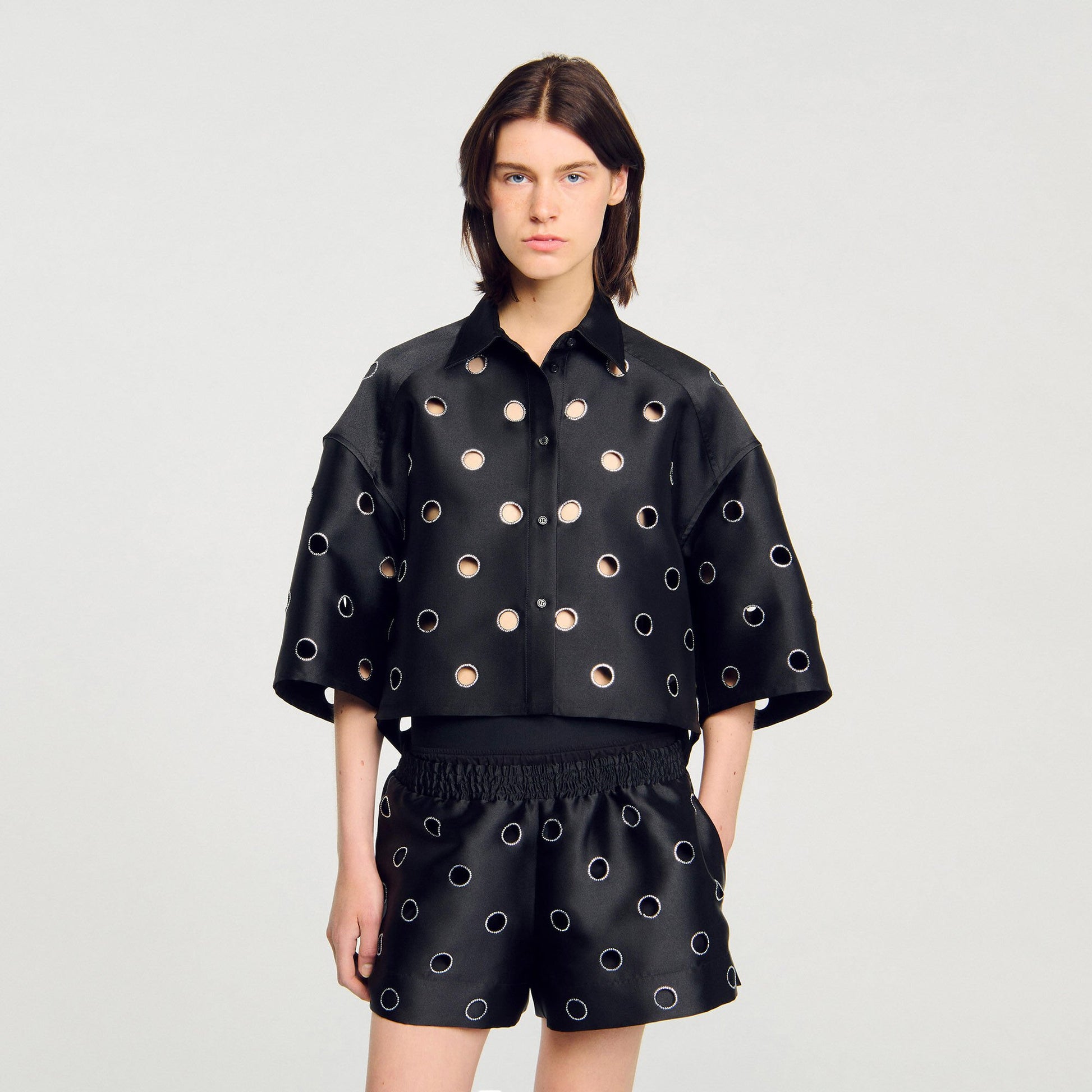 Sandro Oversized shirt with rhinestones holes Black