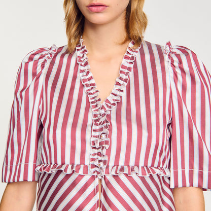 Sandro Ruffled striped shirt Burgundy / White