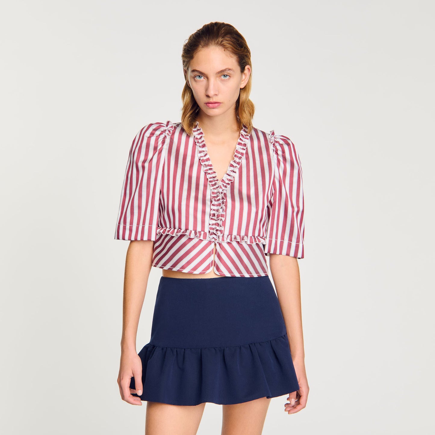 Sandro Ruffled striped shirt Burgundy / White