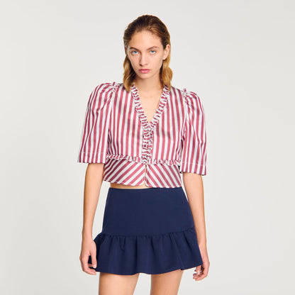 Sandro Ruffled striped shirt Burgundy / White