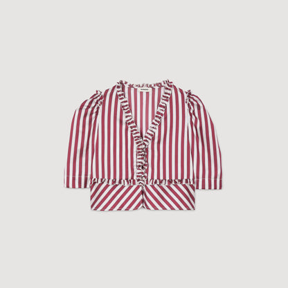 Sandro Ruffled striped shirt Burgundy / White