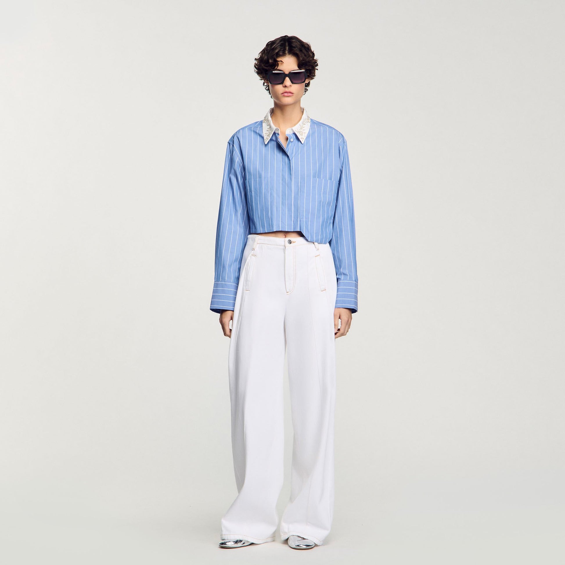 Sandro Striped cropped shirt with rhinestone Sky Blue