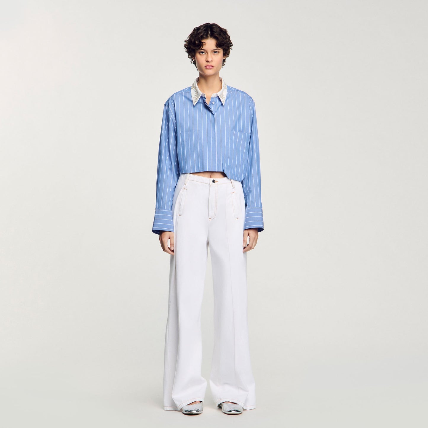 Sandro Striped cropped shirt with rhinestone Sky Blue