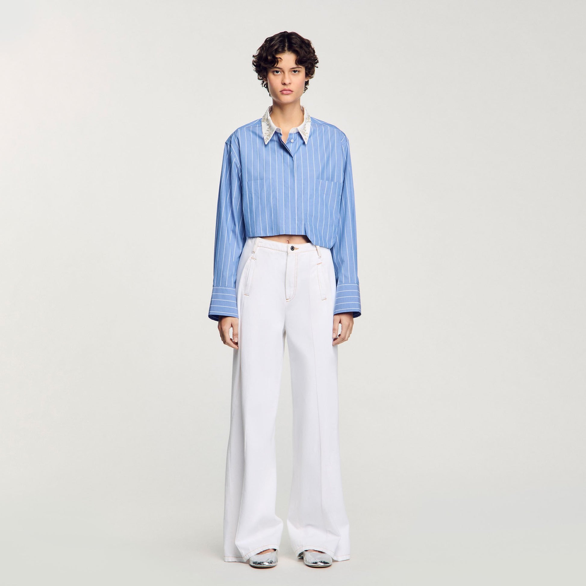 Sandro Striped cropped shirt with rhinestone Sky Blue