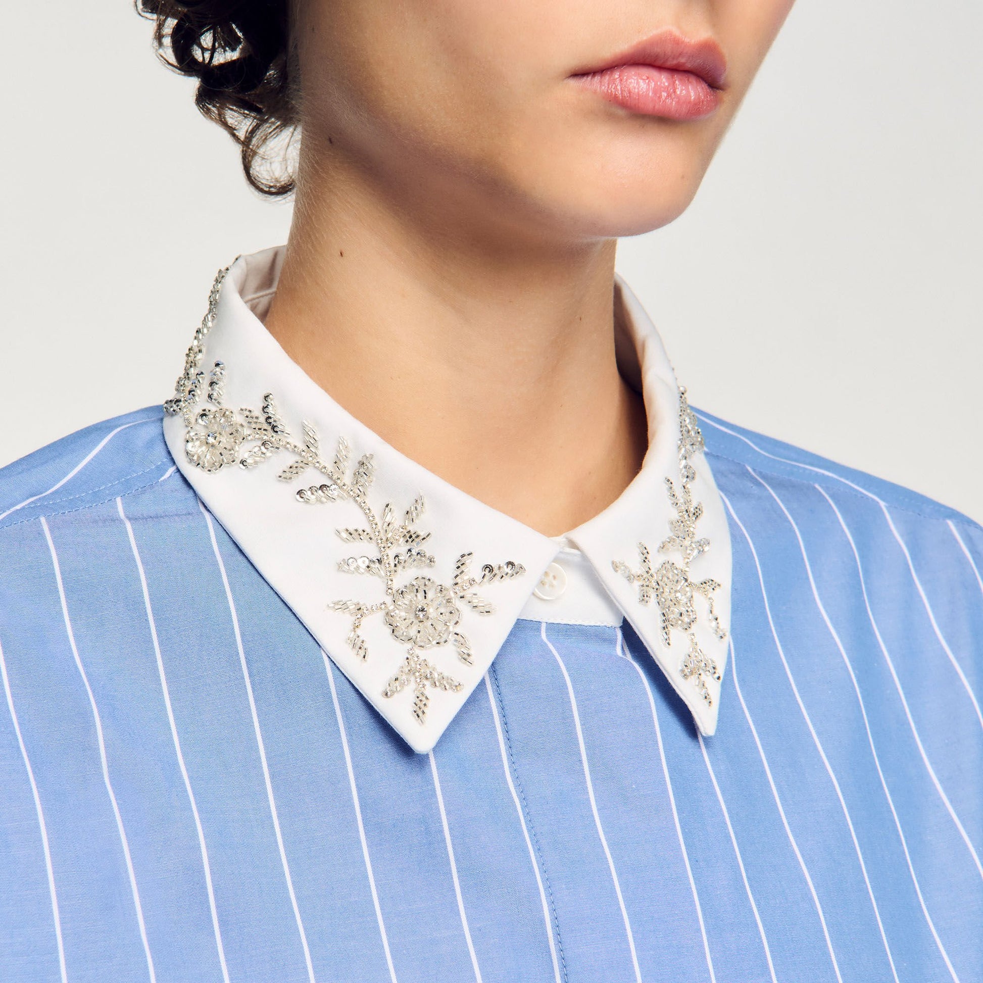 Sandro Striped cropped shirt with rhinestone Sky Blue