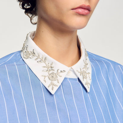 Sandro Striped cropped shirt with rhinestone Sky Blue