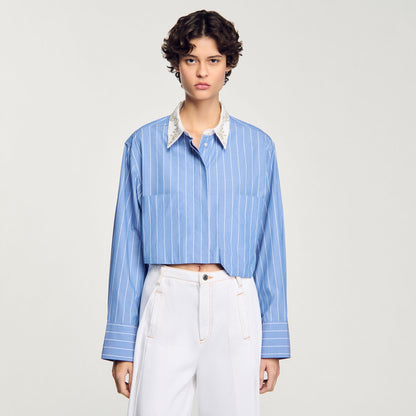 Sandro Striped cropped shirt with rhinestone Sky Blue