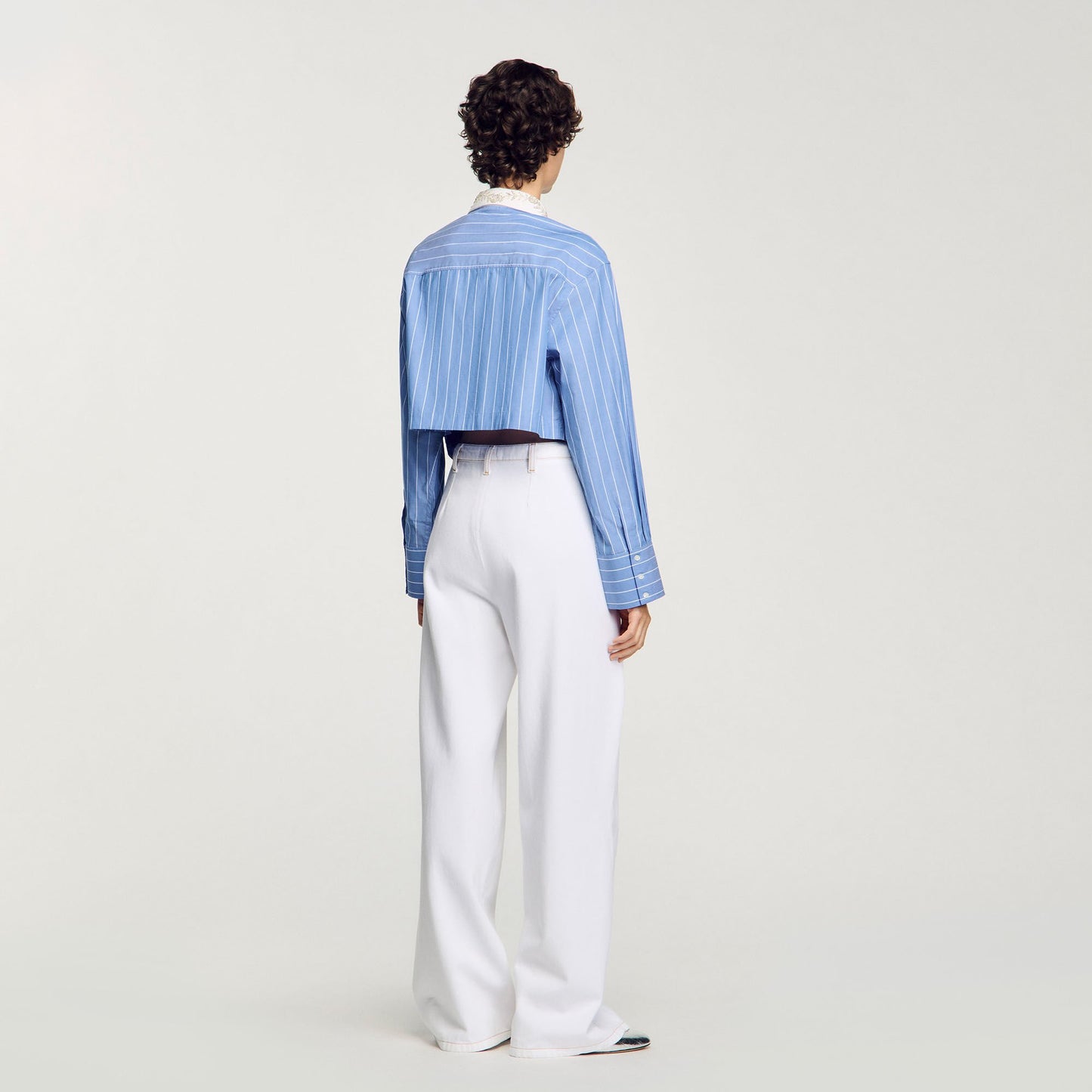Sandro Striped cropped shirt with rhinestone Sky Blue