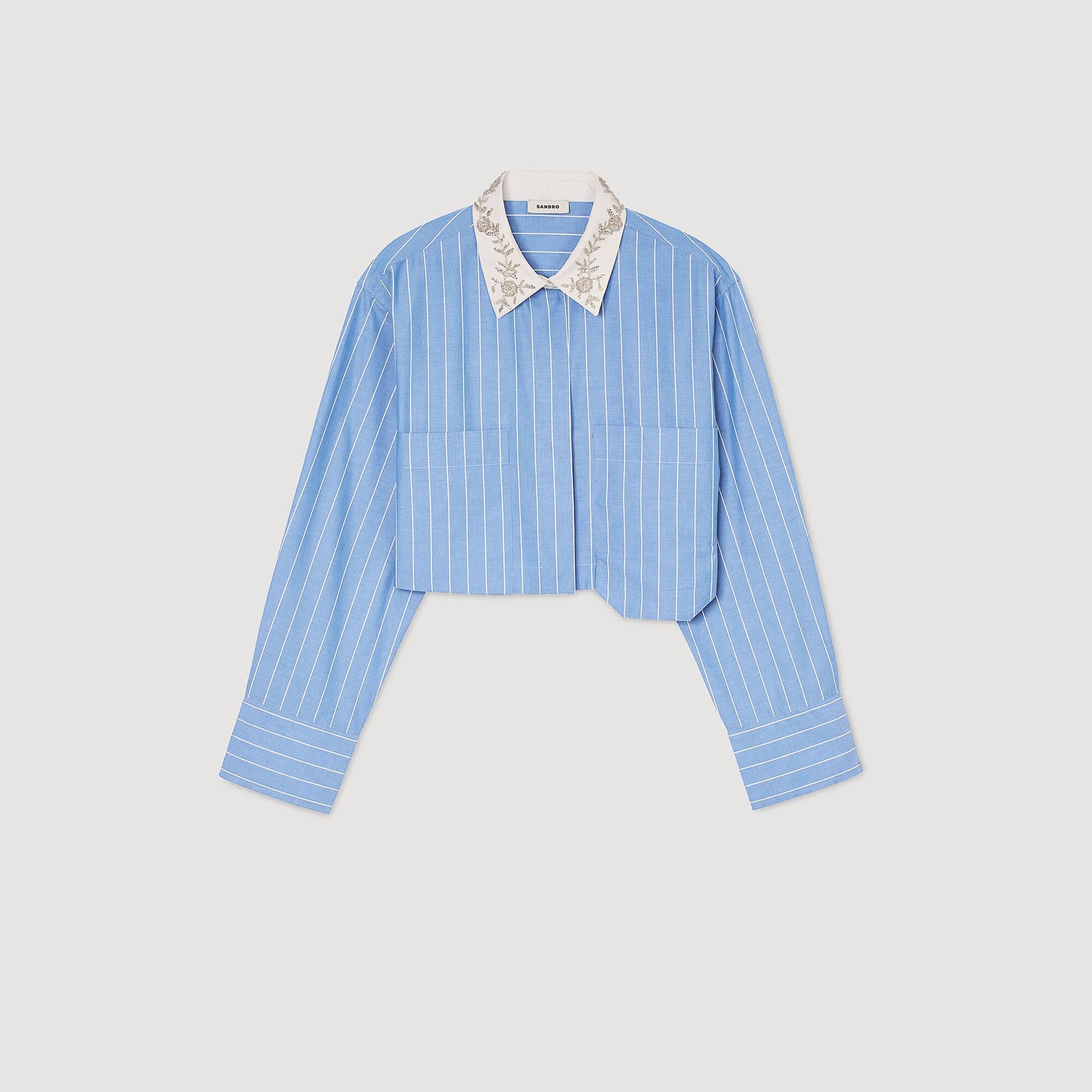 Sandro Striped cropped shirt with rhinestone Sky Blue