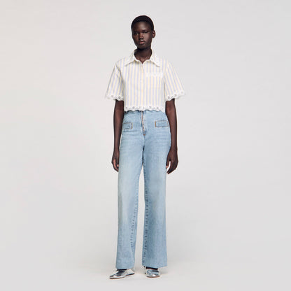 Sandro Striped cropped shirt with lace trim Ecru / Jean