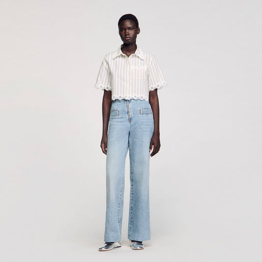 Sandro Striped cropped shirt with lace trim Ecru / Jean