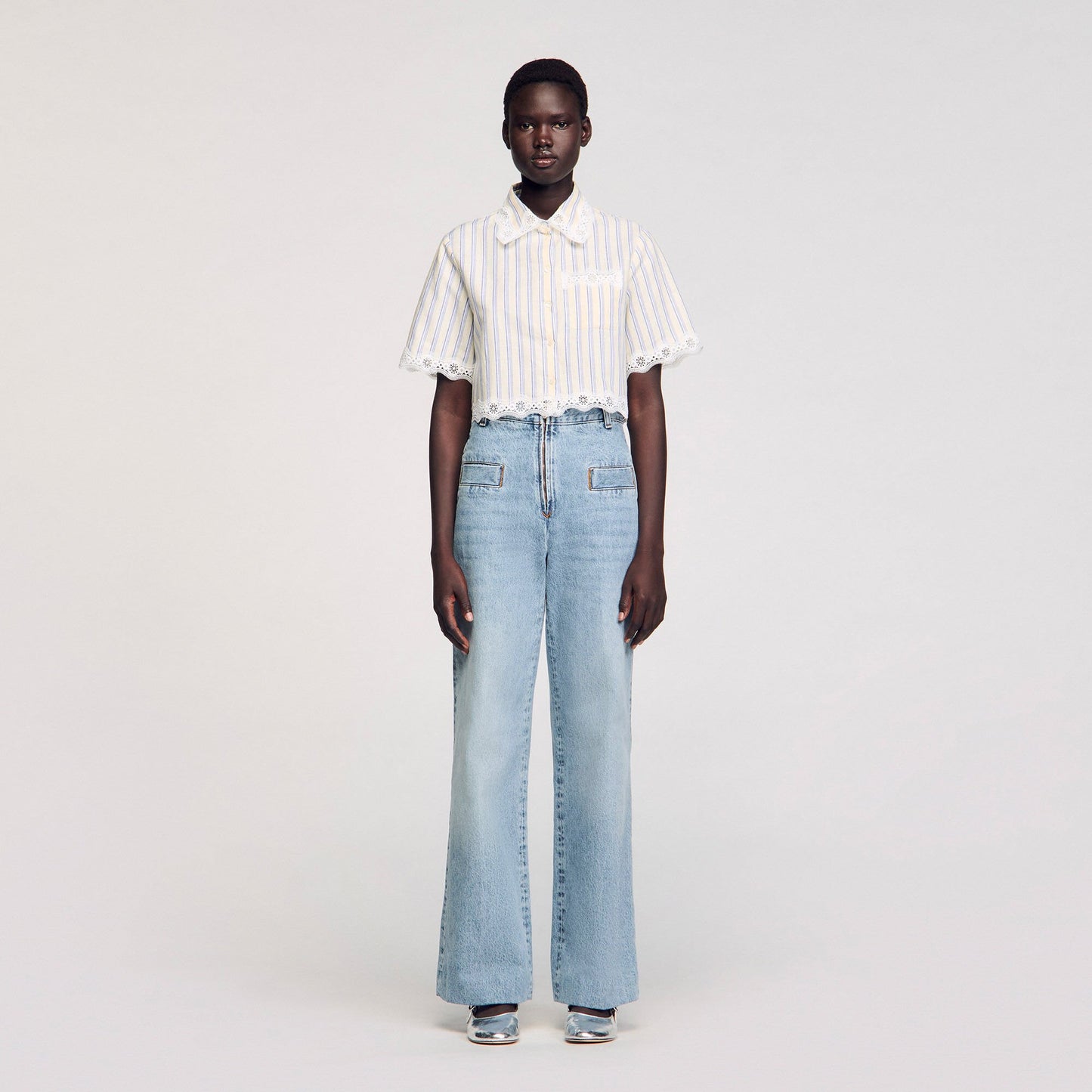 Sandro Striped cropped shirt with lace trim Ecru / Jean