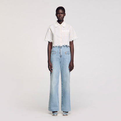 Sandro Striped cropped shirt with lace trim Ecru / Jean