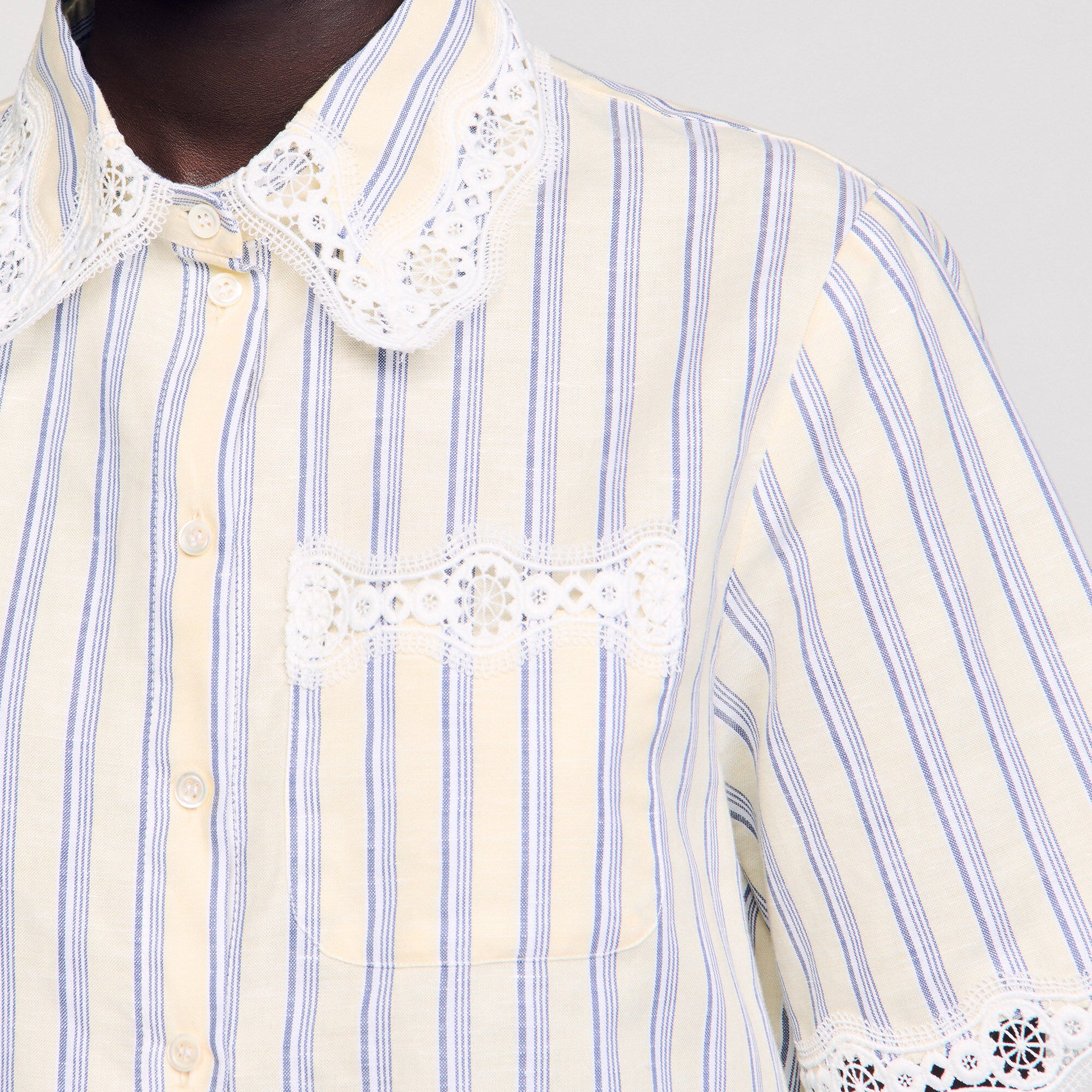 Sandro Striped cropped shirt with lace trim Ecru / Jean