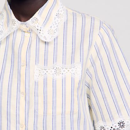 Sandro Striped cropped shirt with lace trim Ecru / Jean