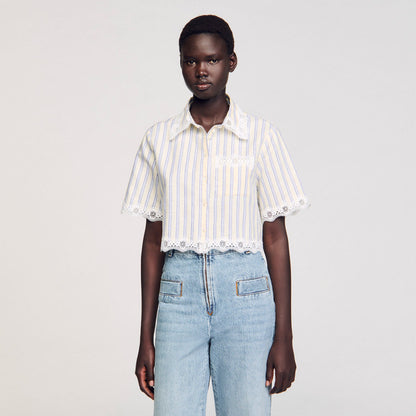 Sandro Striped cropped shirt with lace trim Ecru / Jean