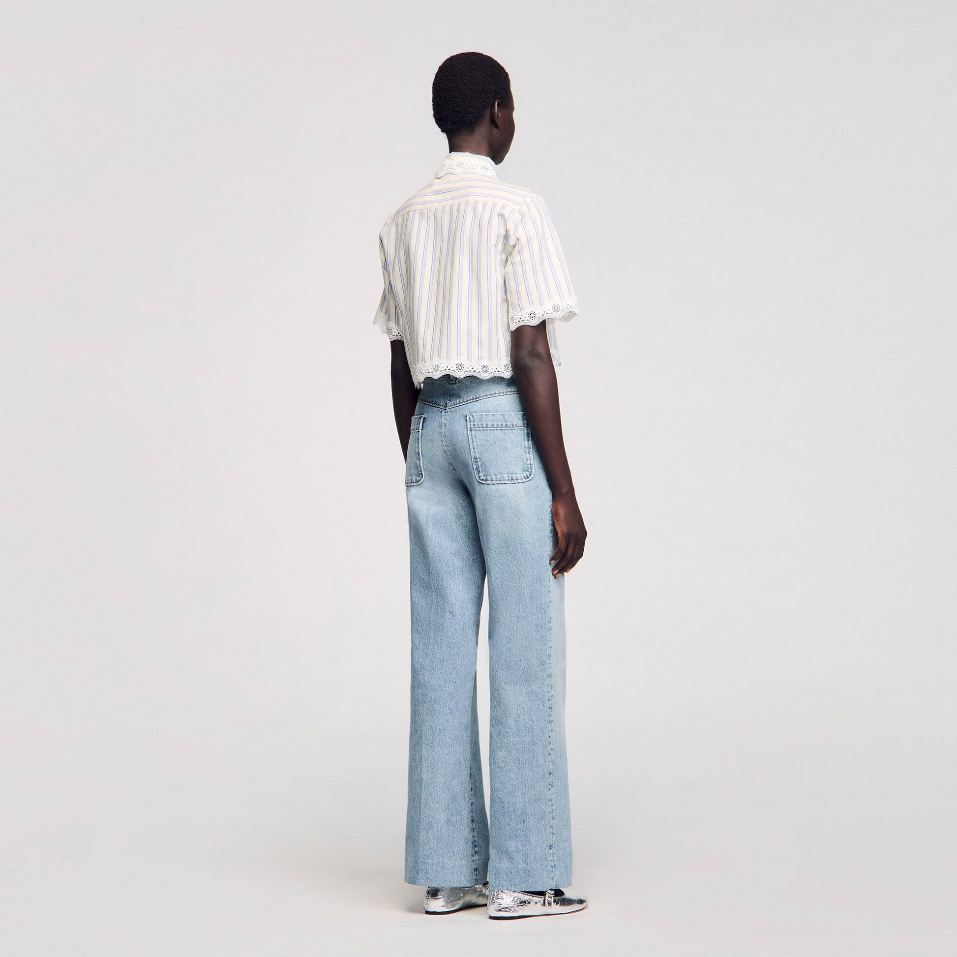 Sandro Striped cropped shirt with lace trim Ecru / Jean