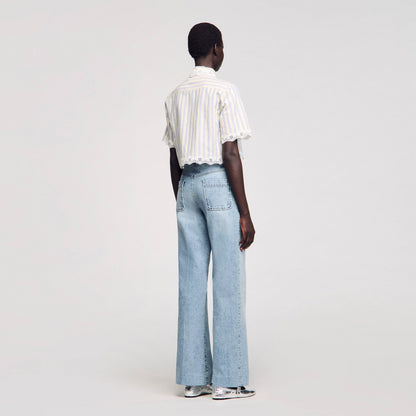 Sandro Striped cropped shirt with lace trim Ecru / Jean