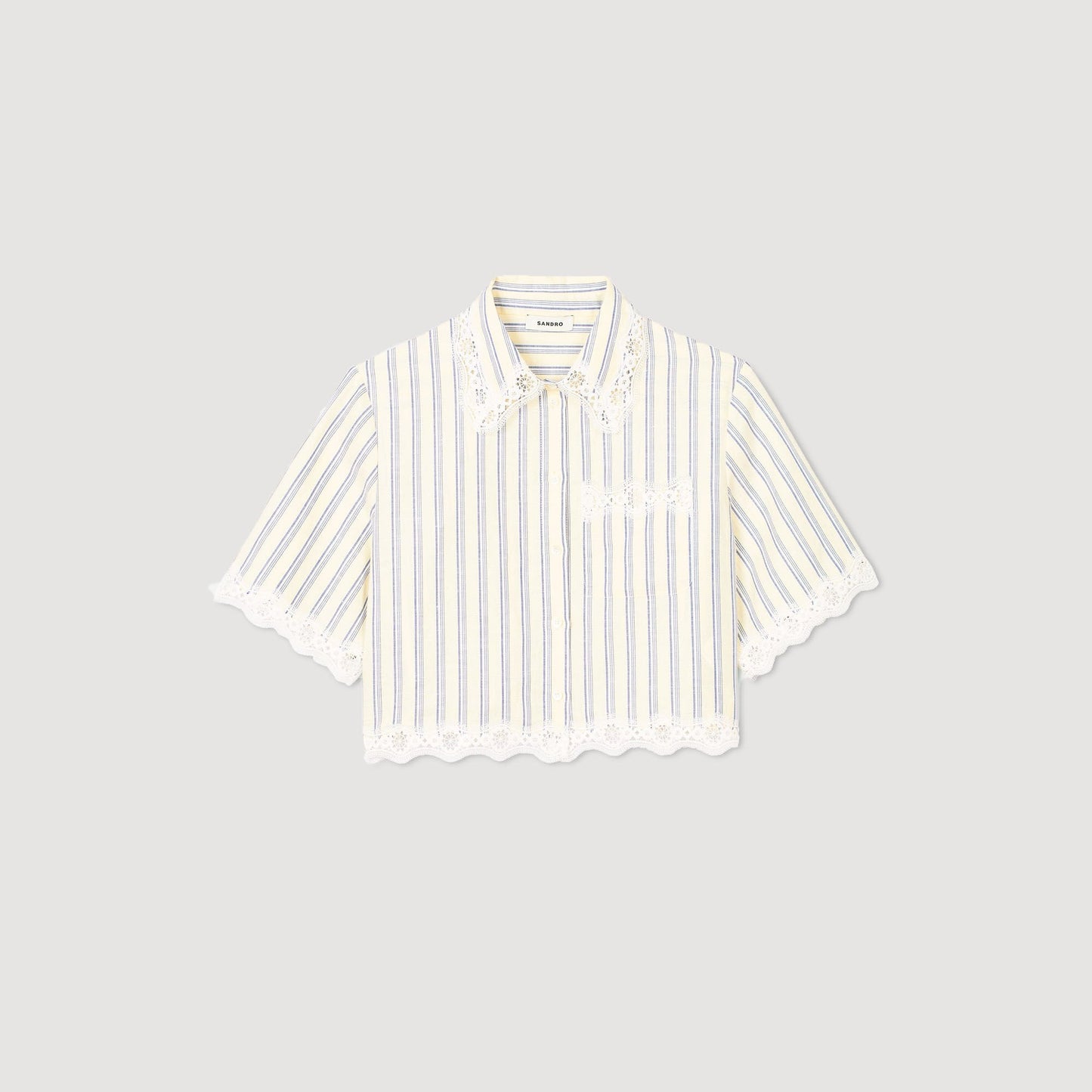 Sandro Striped cropped shirt with lace trim Ecru / Jean