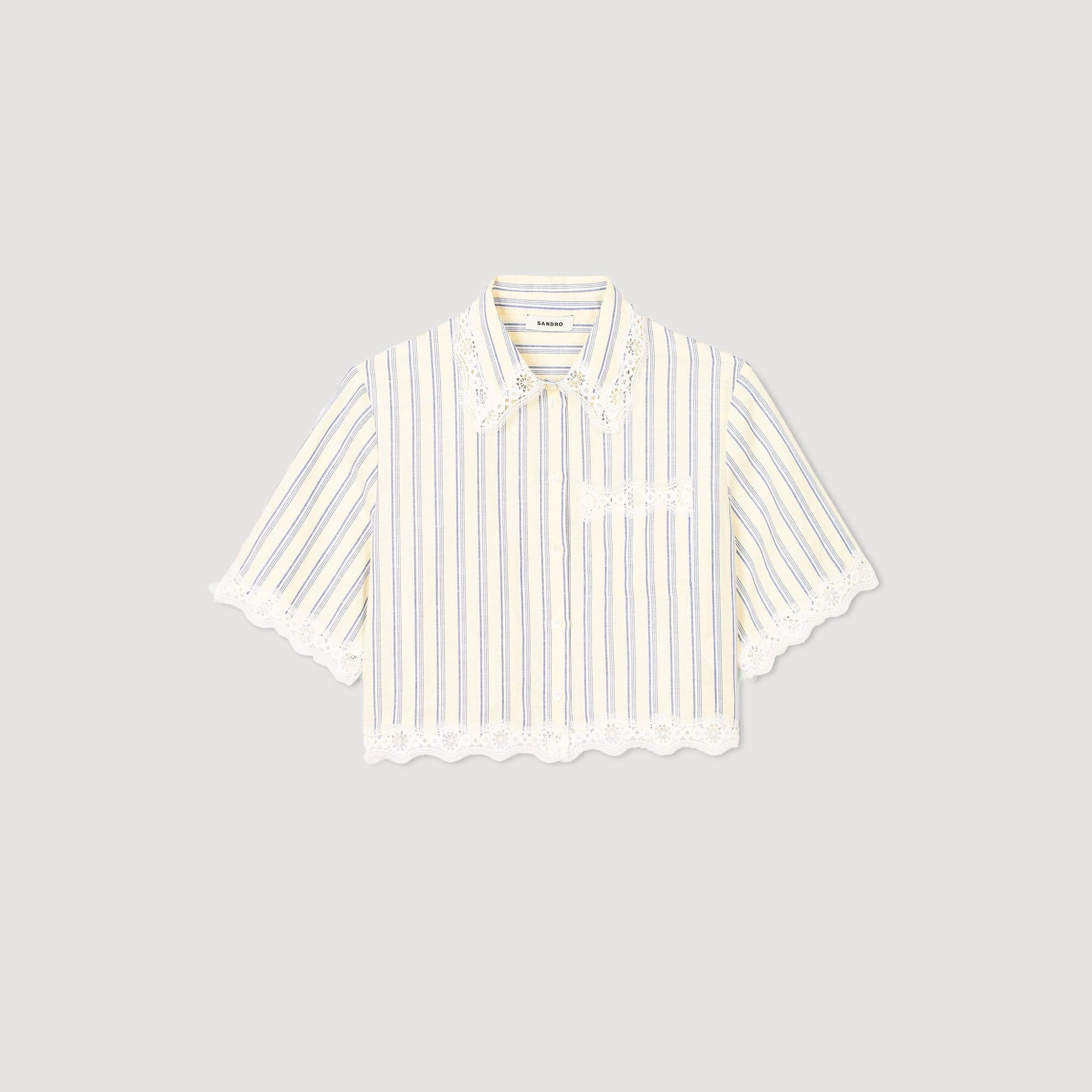 Sandro Striped cropped shirt with lace trim Ecru / Jean