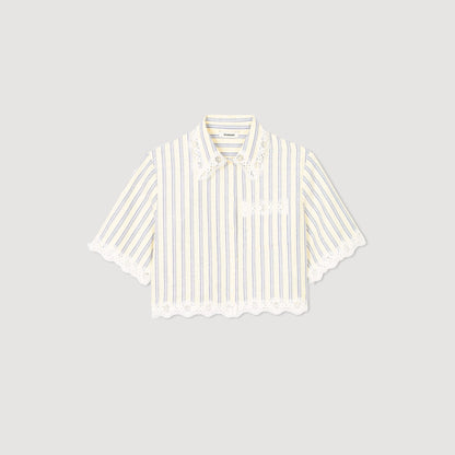 Sandro Striped cropped shirt with lace trim Ecru / Jean