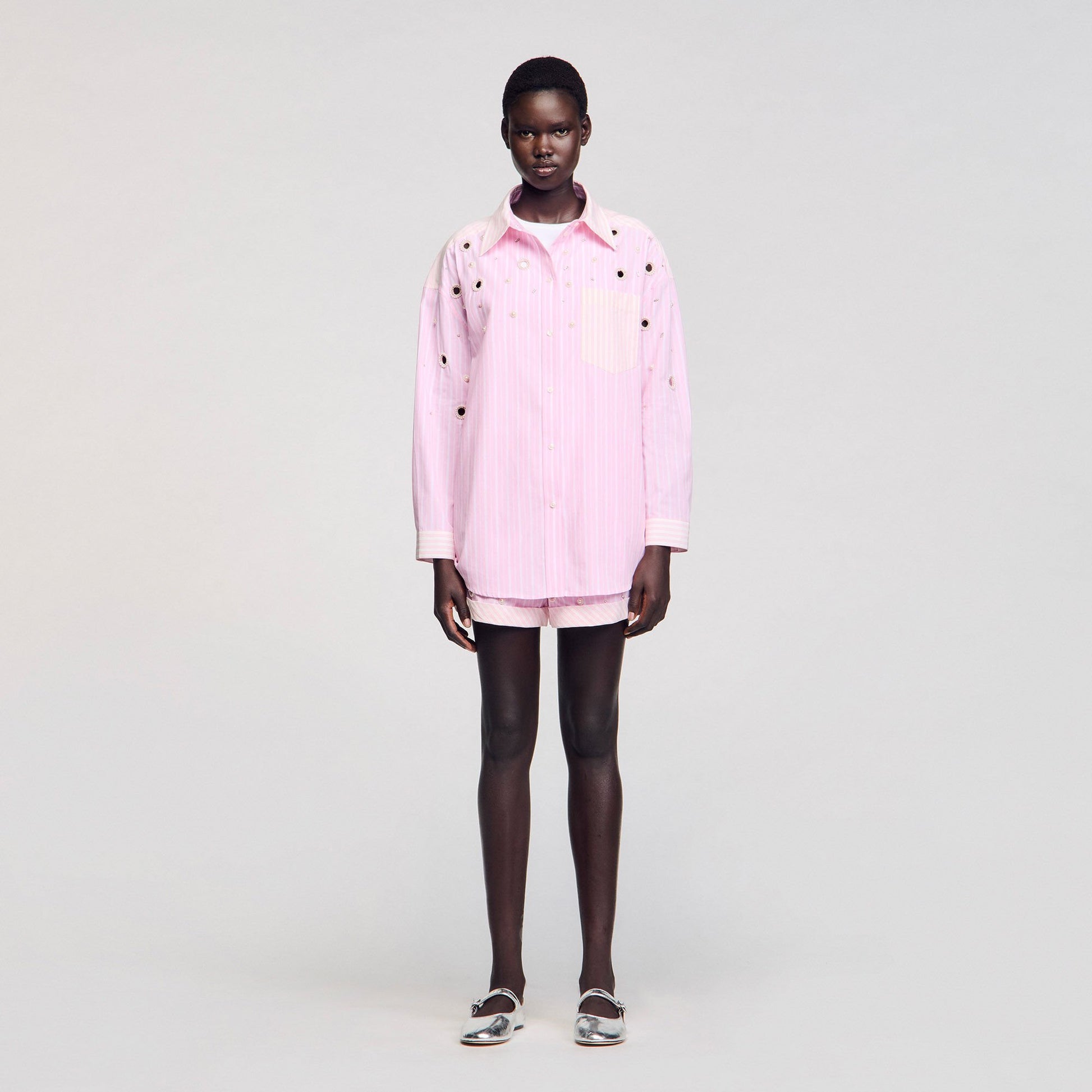 Sandro Striped rhinestone shirt Pink