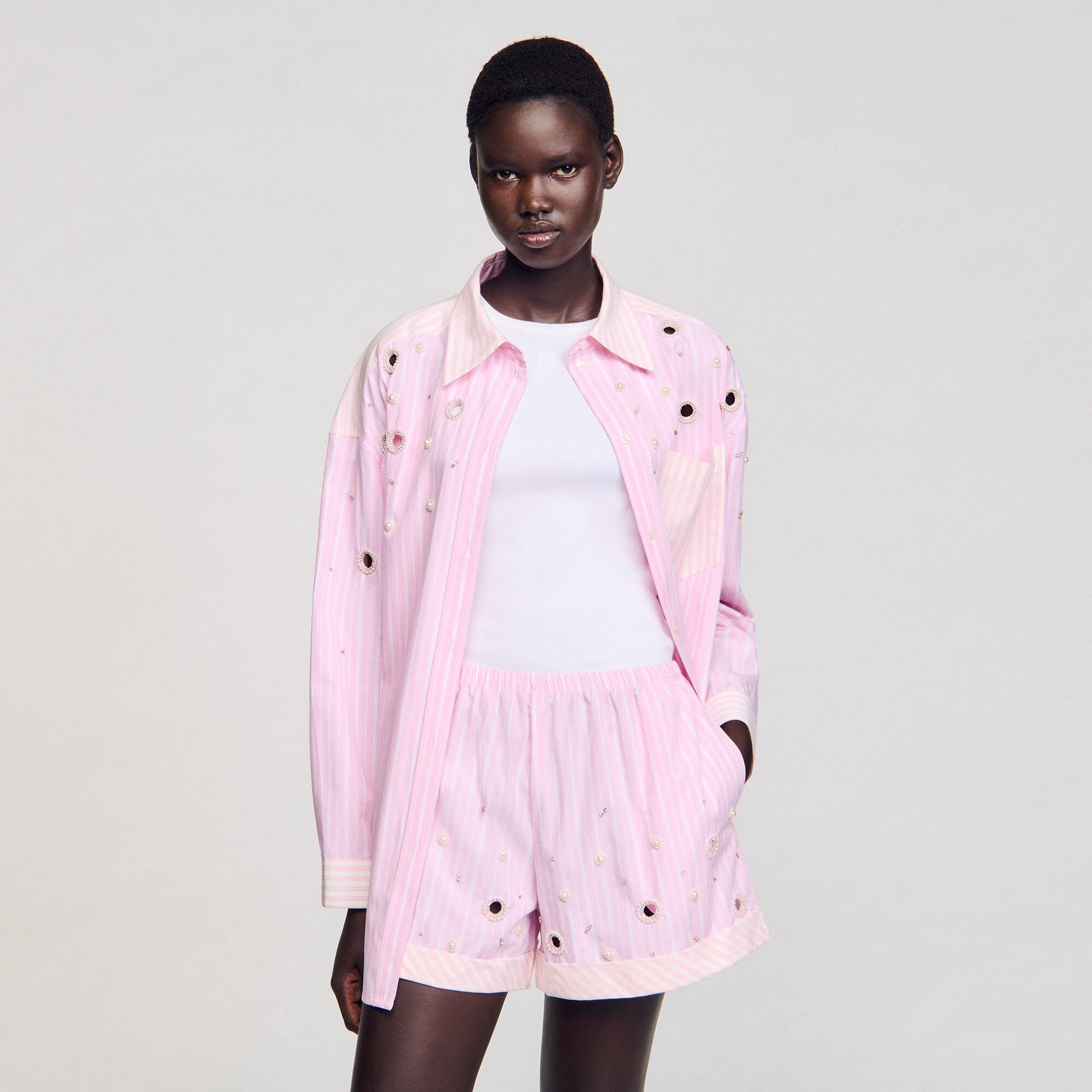 Sandro Striped rhinestone shirt Pink
