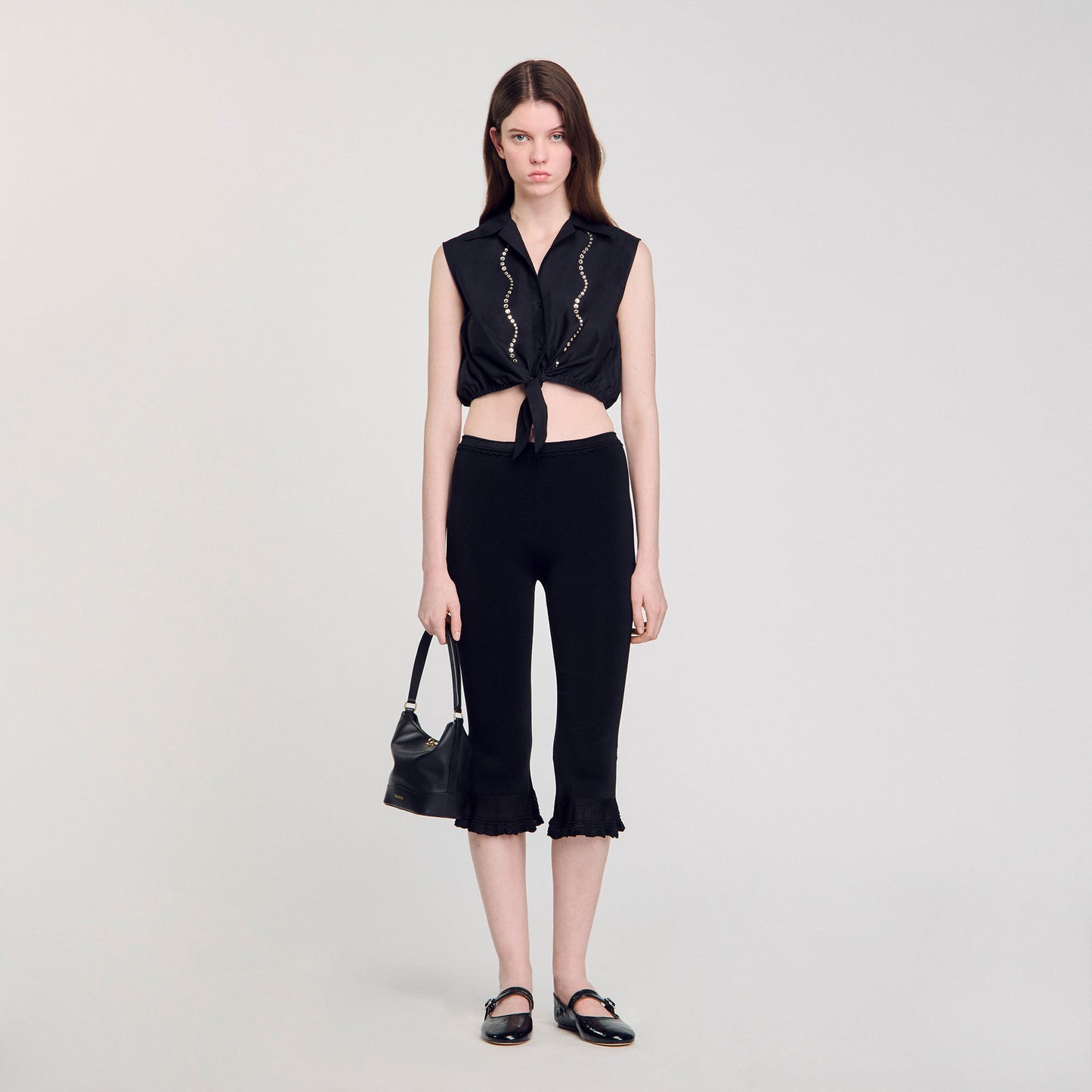 Sandro Rhinestone cropped shirt Black