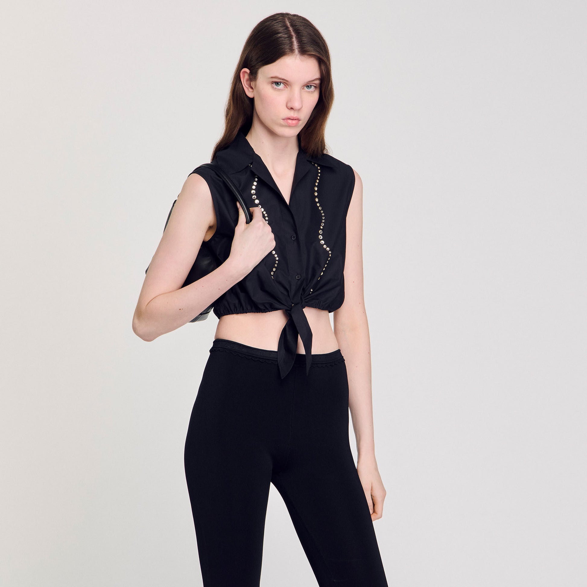 Sandro Rhinestone cropped shirt Black