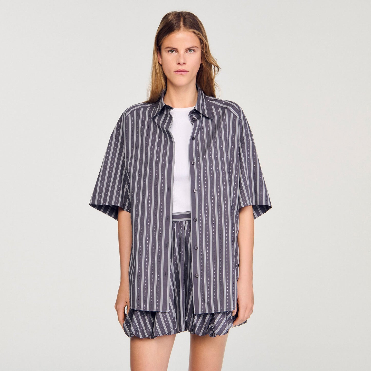 Sandro Oversized striped rhinestone shirt Grey